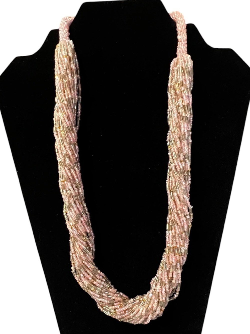 Vintage-Inspired Pink & Gold Multi-Strand Seed Bead Statement Necklace - Boho